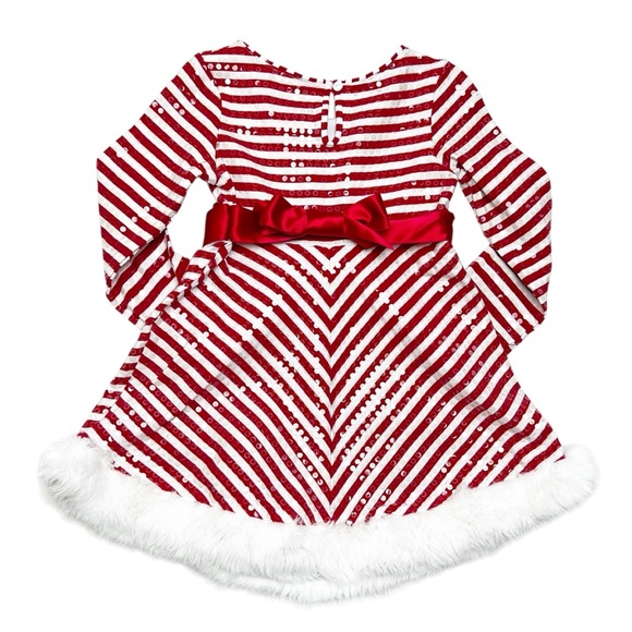Bonnie Jean Candy Striped Dress With Shimmer Dots & Faux Fur Trim - Picture 2 of 5